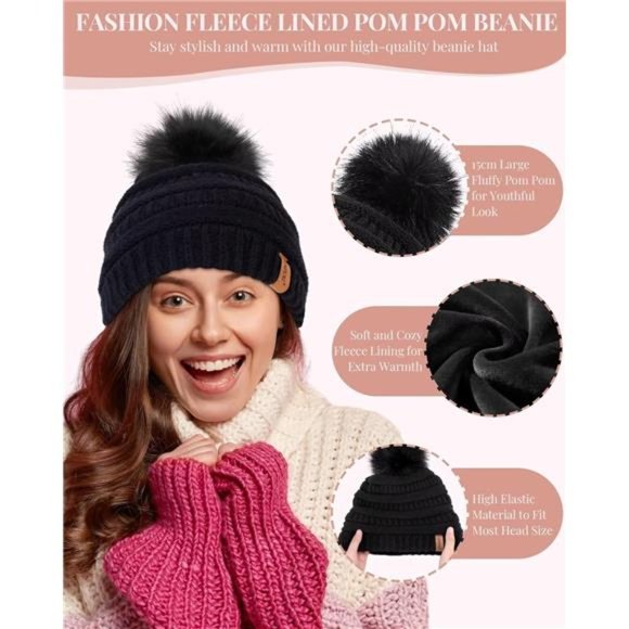 Women\'s Winter Beanie Scarf Gloves Set, Pom Pom Hat with Fleece Lined Long Scarf main image 6